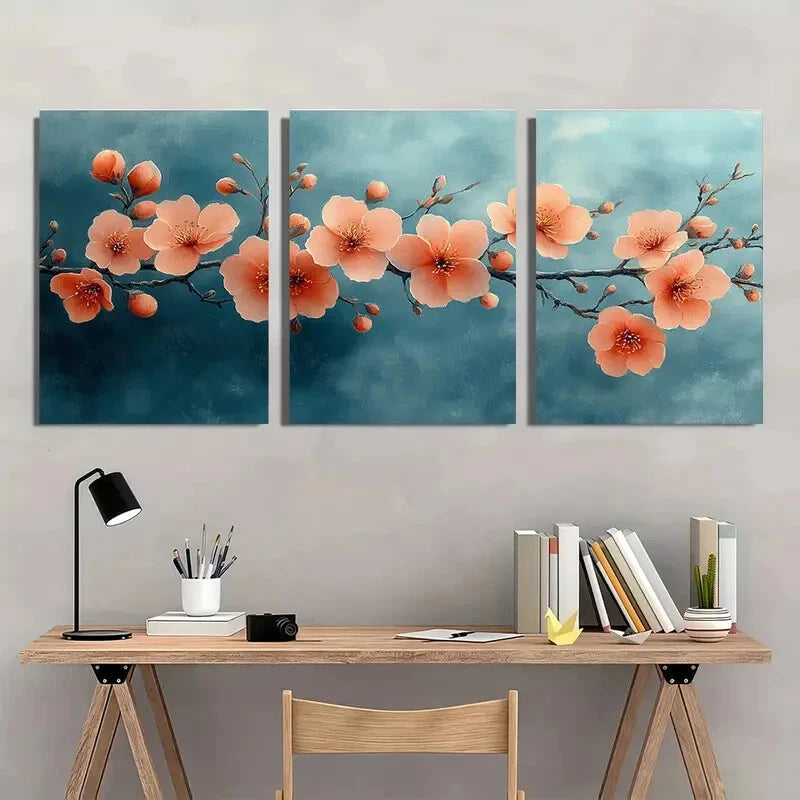 3pcs Peach Blossom Floral Watercolor Art Prints Metal Print Ready to Hang Art