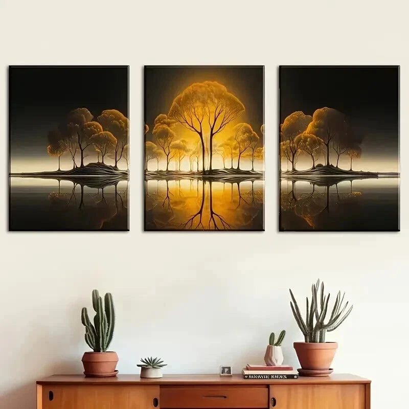 3pcs Featuring Sunset Forest Murals Perfect Wall Art Set Canvas Framed 50x70cm - High Quality Print 100% Australian Made Wall Canvas Ready to Hang