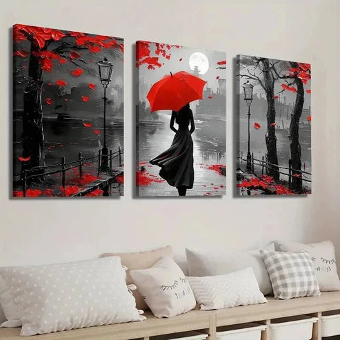 3pcs Black & White Girl with Red Umbrella Wall Art Set Canvas Unframed - High Quality Print 100% Australian Made Wall Canvas