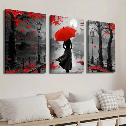 3pcs Black & White Girl with Red Umbrella Wall Art Set Canvas Unframed - High Quality Print 100% Australian Made Wall Canvas