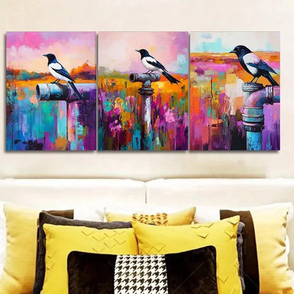 3pcs The Magpie Is On An Old Pipe for Home Metal Print Ready to Hang Art