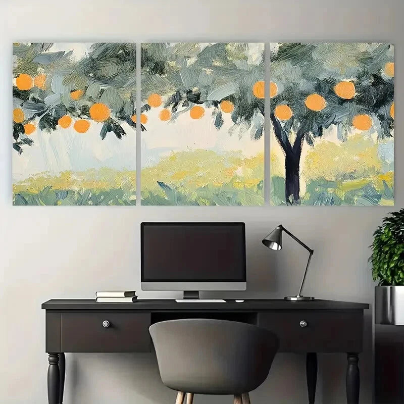 3pcs Lush Greenery and Golden Orange Orchard Scene Metal Print Ready to Hang Art