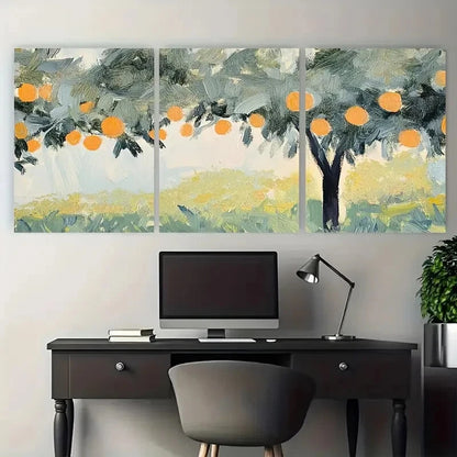 3pcs Lush Greenery and Golden Orange Orchard Scene Metal Print Ready to Hang Art