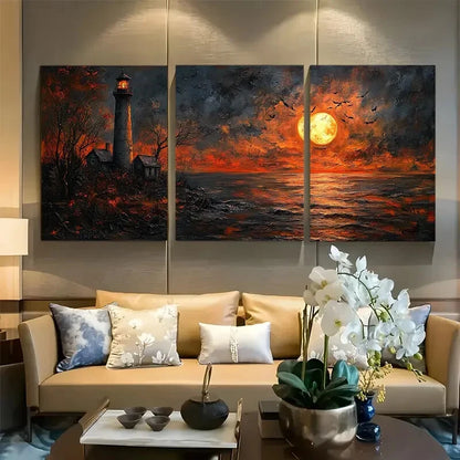 3pcs Haunted Lighthouse Spooky Moonlit Coastal Metal Print Ready to Hang Art