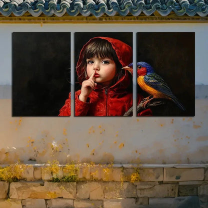 3pcs The Girl in Red and The Bird Modern Design Metal Print Ready to Hang Art