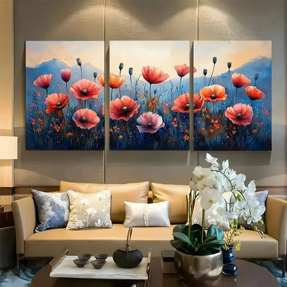 3pcs Poppy Field Painting Floral Watercolor Metal Print Ready to Hang Art