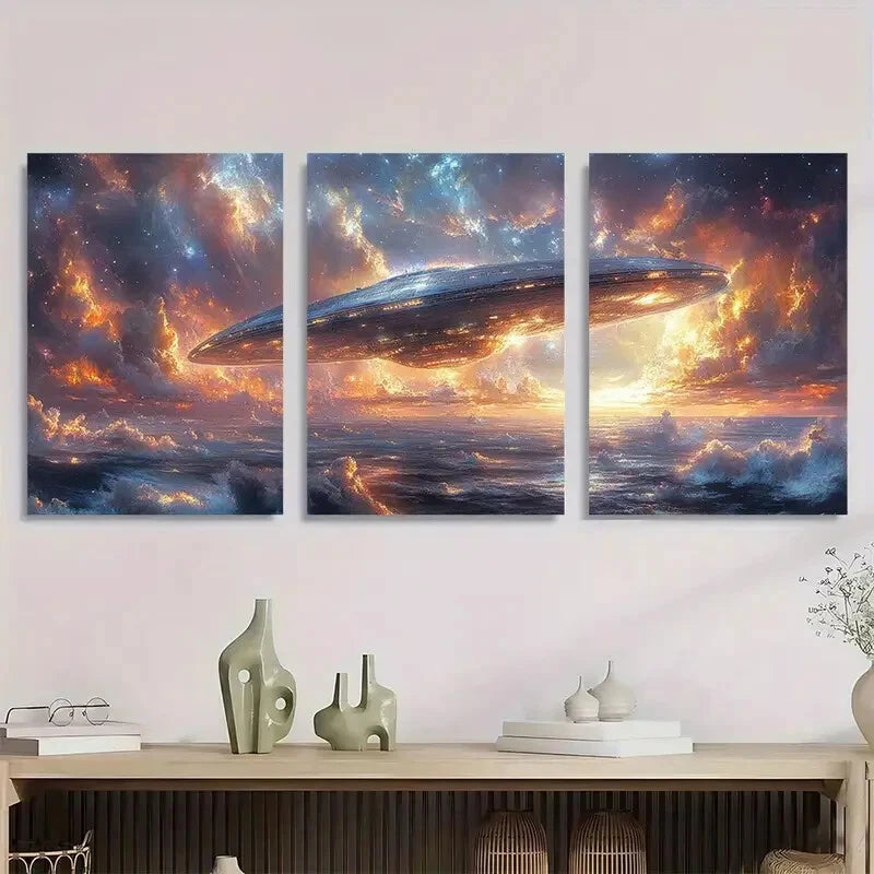 3pcs Alien Spacecraft Vibrant Cosmic Metal Print Ready to Hang Art