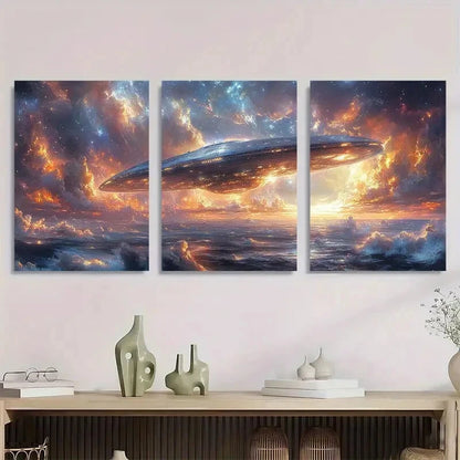 3pcs Alien Spacecraft Vibrant Cosmic Metal Print Ready to Hang Art