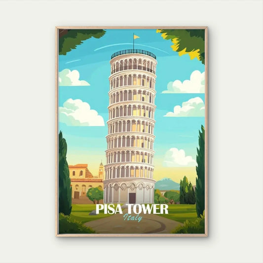 Pisa Tower Italy Blue Sky & Green Landscape Travel Poster Print Wall Art