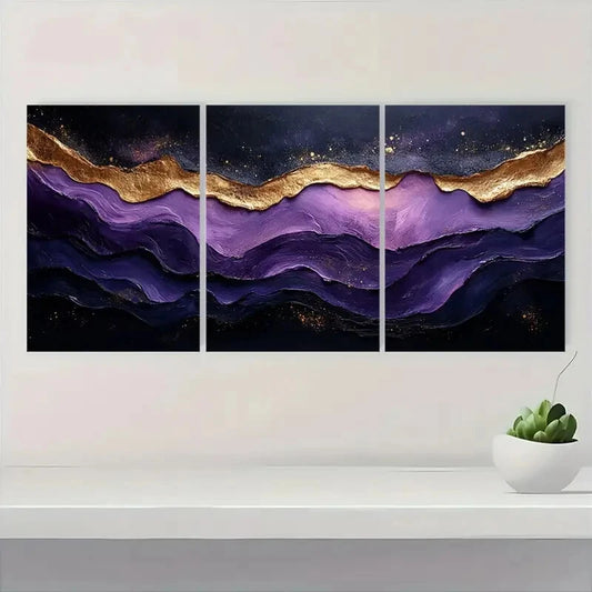 3pcs Abstract Golden Wave Black & Purple Textured Metal Print Ready to Hang Art