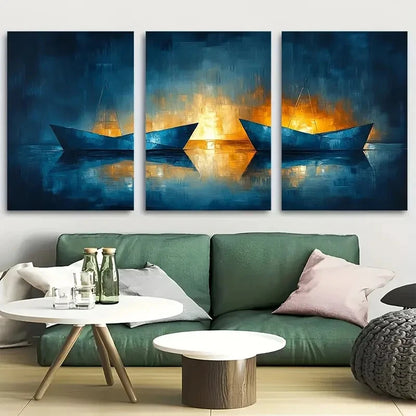 3pcs Navy Blue Abstract Maritime Metal Print Ready to Hang Art