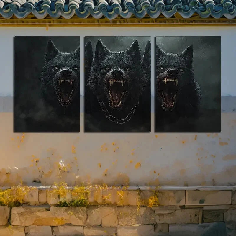 3pcs Wolf wearing a Chain around its Neck Design Metal Print Ready to Hang Art