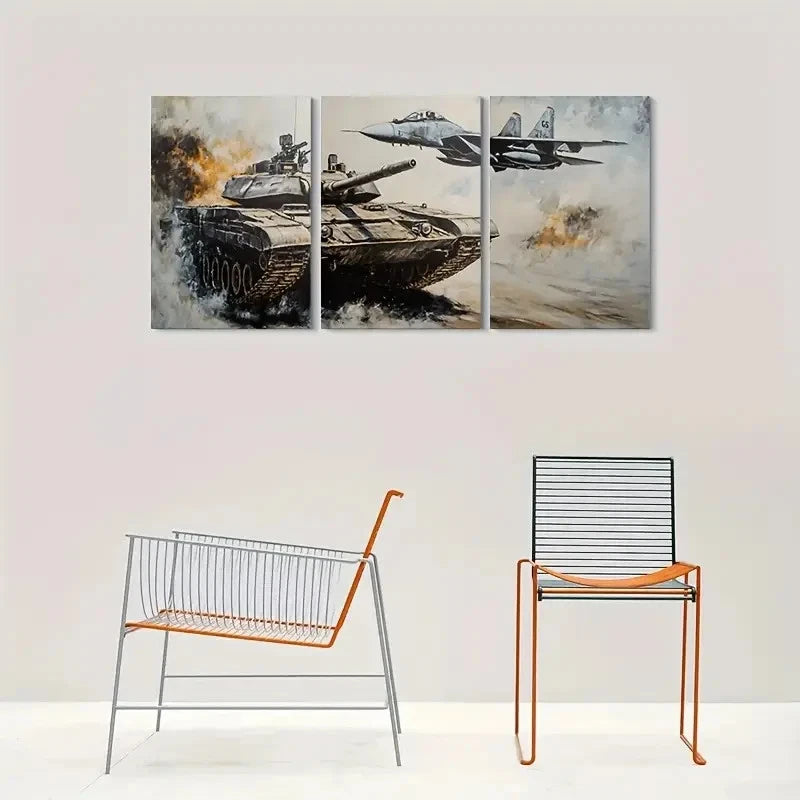 3pcs Warfare Trilogy Tank Fighter Jet Metal Print Ready to Hang Art
