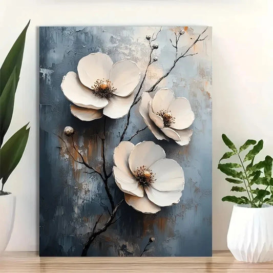 Beautiful Textured White Floral Painting 40x60cm Metal Print Ready to Hang