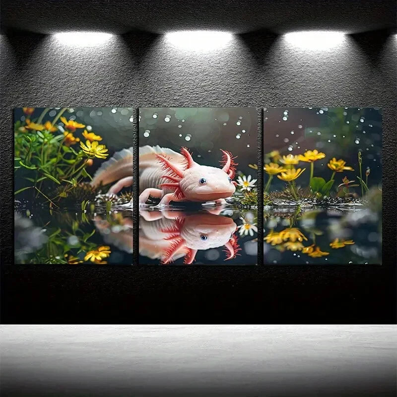 3pcs White Axolotl by The Pool Design Metal Print Ready to Hang Art