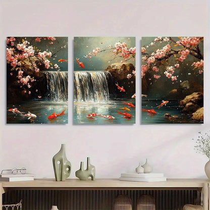 3pcs Koi Fish Cherry Blossoms & Waterfall Scene Metal Print Ready to Hang Art