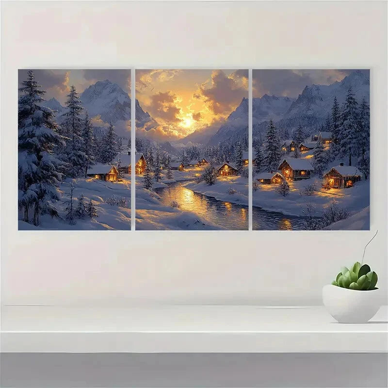 3pcs Evening Snow village painting peaceful Metal Print Ready to Hang Art