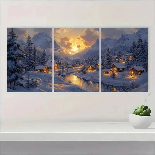 3pcs Evening Snow village painting peaceful Metal Print Ready to Hang Art