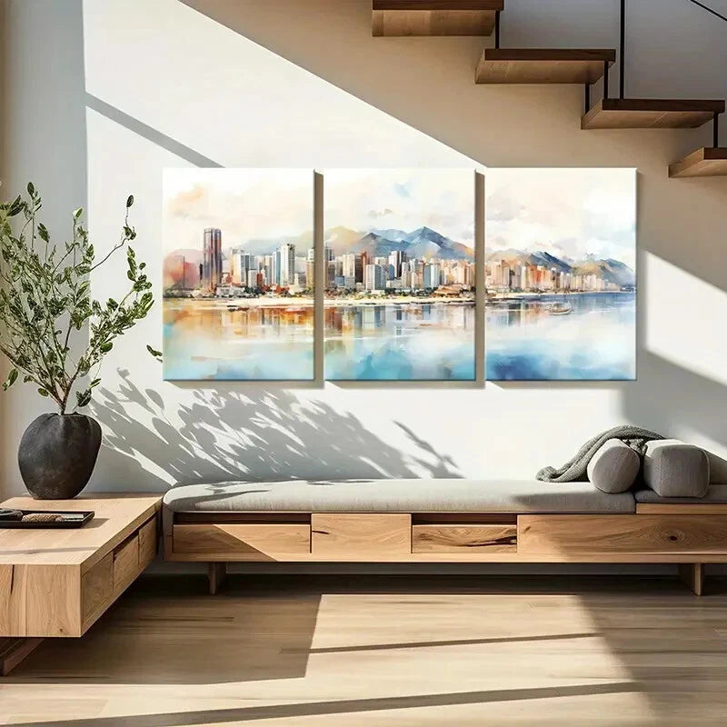 3pcs Cityscape Mountains Watercolor Style Metal Print Ready to Hang Art