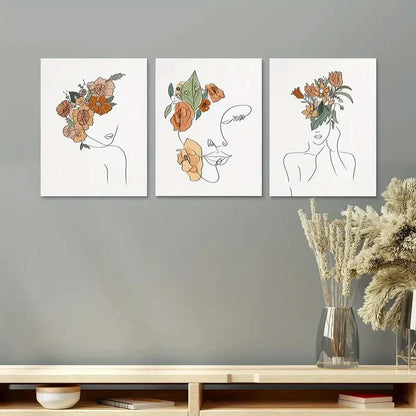 3pcs Line Art Set Floral Painting Metal Print Ready to Hang Art