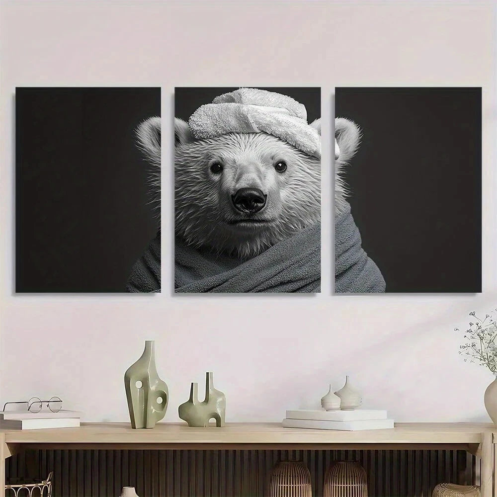 3pcs Polar Bear Black White Funny Whimsical Metal Print Ready to Hang Art