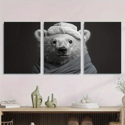 3pcs Polar Bear Black White Funny Whimsical Metal Print Ready to Hang Art