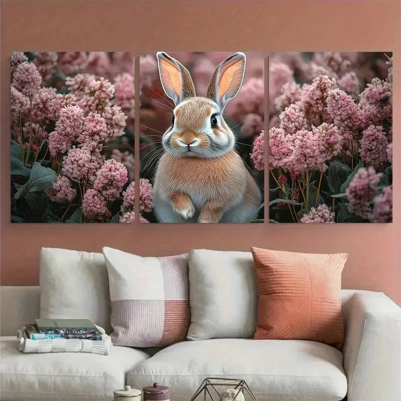 3pcs Pink Floral Bunny Illustration Wall Art Set Canvas Framed 60x90cm - High Quality Print 100% Australian Made Wall Canvas Ready to Hang