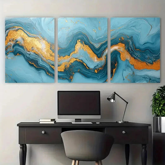 3pcs Elegant Light Blue Marbled with Golden Accent Metal Print Ready to Hang Art