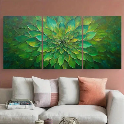 3pcs Sunburst Flower Textured Green Inspired Metal Print Ready to Hang Art