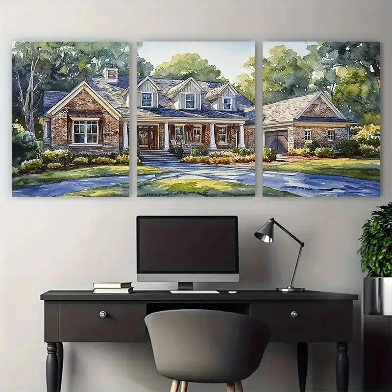 3pcs Custom House Portrait Illustration Metal Print Ready to Hang Art