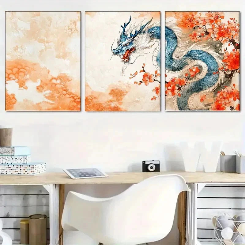 3pcs Dragon Art Vibrant Oriental-Inspired Metal Print Ready to Hang Art