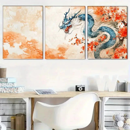 3pcs Dragon Art Vibrant Oriental-Inspired Metal Print Ready to Hang Art