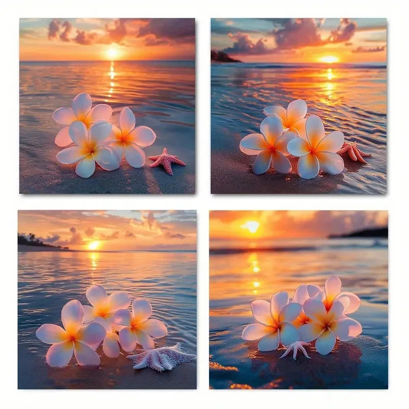 4pcs Floral Beach Sunrise & Ocean ViewWall Art Canvas Framed