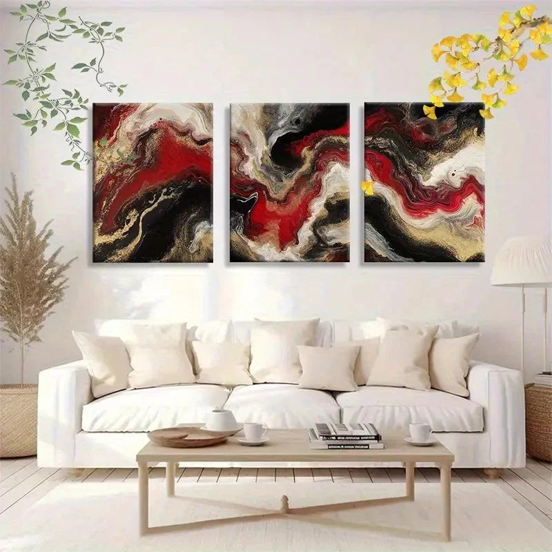 3pcs Abstract Fluid Ink Red Black Golden Swirl Metal Print Ready to Hang Art