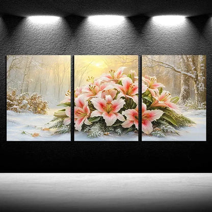 3pcs Vibrant Lily Flowers in the Snow Metal Print Ready to Hang Art