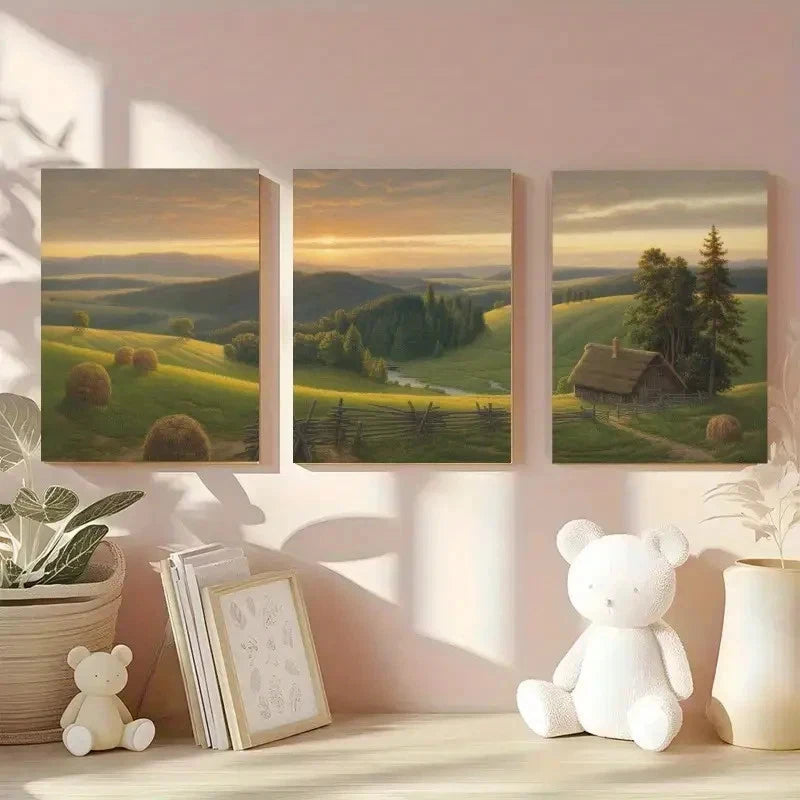 3pcs Rolling Hills Wooden Fence Cabin Painting Metal Print Ready to Hang Art