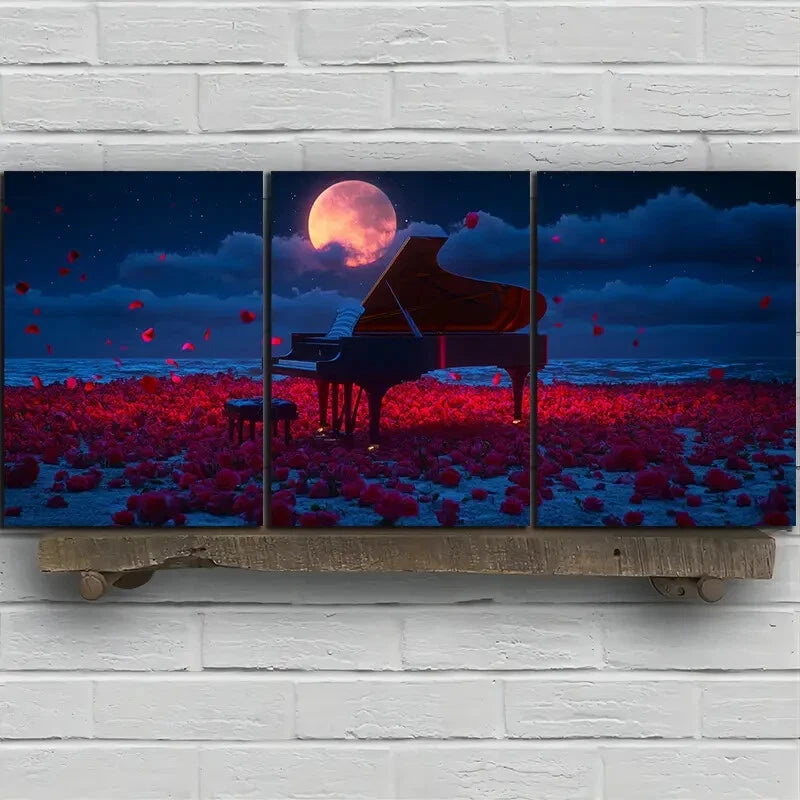 3pcs Painting Set Rose Piano by The Sea Metal Print Ready to Hang Art