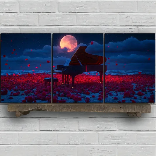 3pcs Painting Set Rose Piano by The Sea Metal Print Ready to Hang Art
