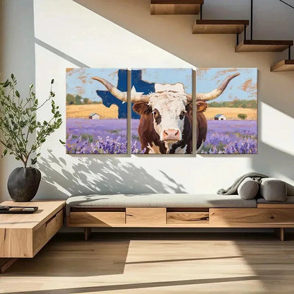 3pcs Lavender Field Rustic Texas Longhorn Cow Metal Print Ready to Hang Art