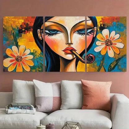 3pcs Abstract Woman Smoking Portrait with Floral Wall Art Set Canvas Framed 40x60cm - High Quality Print 100% Australian Made Wall Canvas Ready to Hang