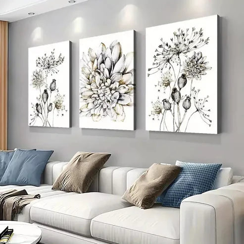 3pcs Boho Chic Dandelion & Dahlia Flower Canvas Framed 60x90 cm - High Quality Print 100% Australian Made Wall Canvas Ready to Hang