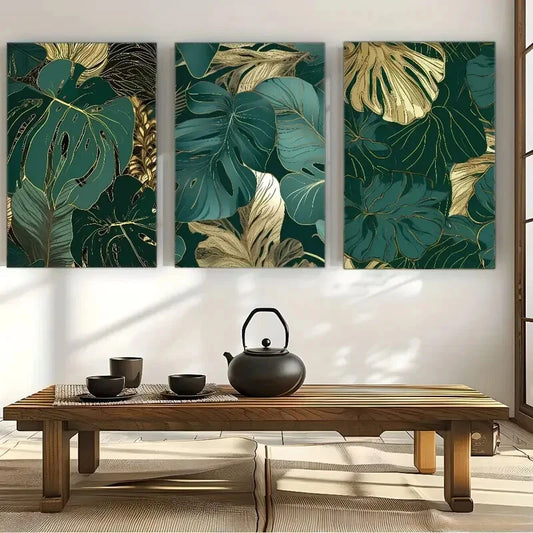 3pcs Elegant Botanical Golden and Cyan Leaves Metal Print Ready to Hang Art