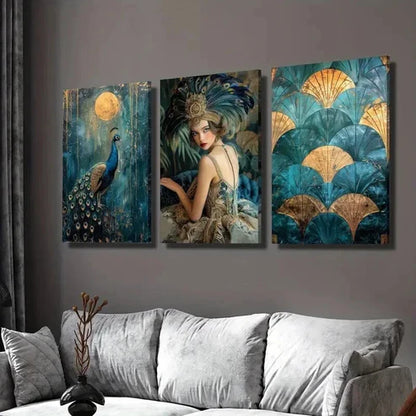 3pcs Gatsby Girl Peacock Full Moon  Wall Art Set Canvas Unframed - High Quality Print 100% Australian Made Wall Canvas