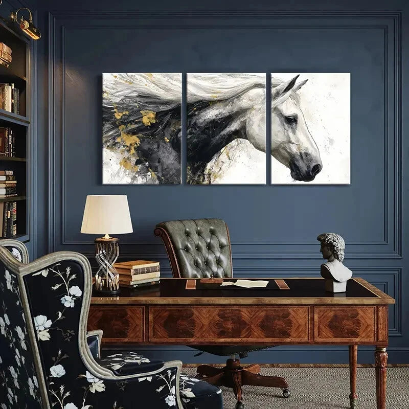 3pcs Abstract Horse Art White Mane Black Body Metal Print Ready to Hang Art