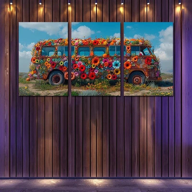 3pcs Vibrant Floral Bus Design Metal Print Ready to Hang Art