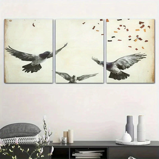 3pcs Pigeons Flying Black and White Metal Print Ready to Hang Art