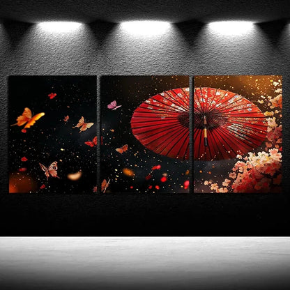 3pcs Red Flower and Paper Umbrella Design Metal Print Ready to Hang Art