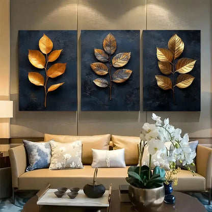 3pcs Abstract Golden and Black Leaves Design Metal Print Ready to Hang Art