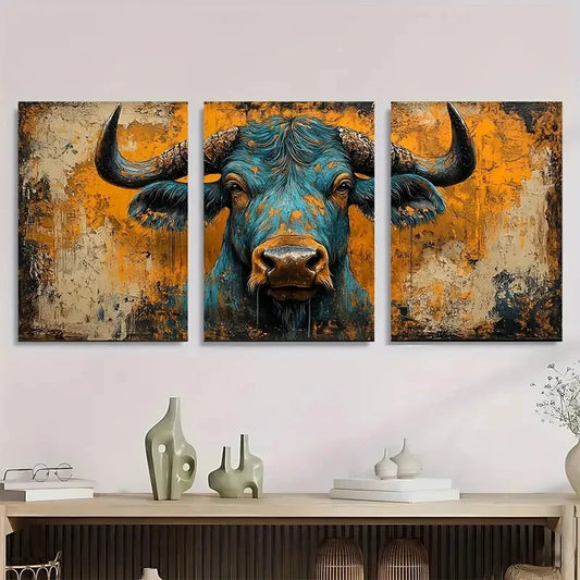 3pcs Vibrant Blue & Golden Abstract Animal Metal Print Ready to Hang Art