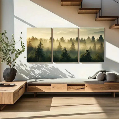 3pcs Misty Forest Landscape Pine Trees Golden Metal Print Ready to Hang Art